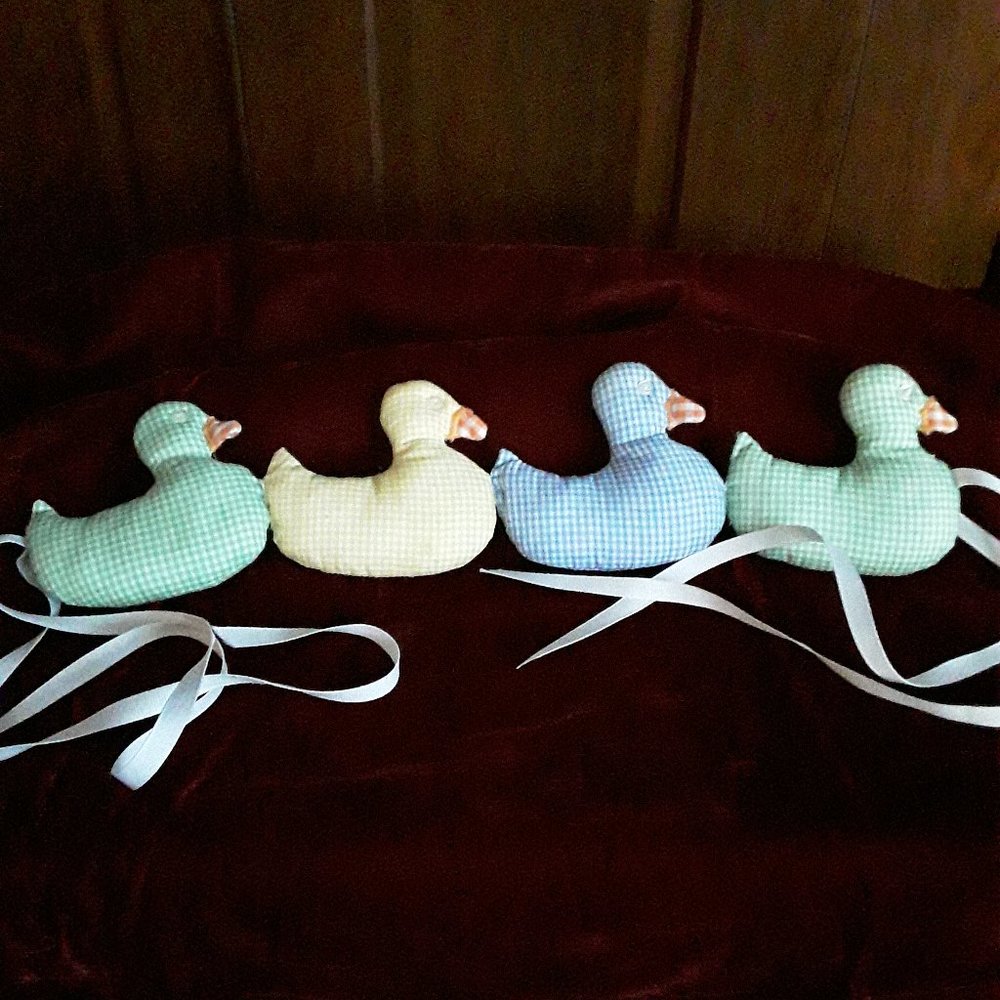 Plush Gingham Duck Toy String Set - Pastel Green, Yellow & Blue